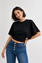 Women's Black Cotton Bat Sleeve Cropped Blouse T-Shirt Crew Neck Lycra - 2