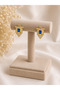Women's Gold Color Blue Stone Detailed Geometric Zircon Earrings - 2