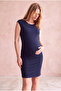 Maternity Navy Blue Viscose Blended Crew Neck Cap Sleeve Dress Jemma