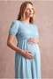 Maternity Sky Blue 100% Cotton Crew Neck Short Balloon Sleeve Gipeli Chest Detailed Dress Paislee - 2