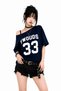 Women's Y2K Navy Blue Boat Neck Printed 100% Cotton Oversize T-Shirt
