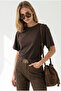 Women's Brown Waist-Fitted Draped Crop Viscose Blouse Blz-19003433 - 2