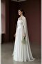Strapless Pearl Detailed Cape Sleeve Chiffon Evening Dress Long Flared Wedding Party Dress - 4