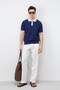 Navy Blue Cotton Textured Polo Collar Knitwear - 3