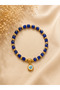 Natural Stone Navy Blue Cube Stone Beaded Bracelet with Gold Color Detail, Elastic Bracelet with Evil Eye Beads - 2