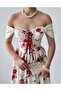 Ecru Red Floral Patterned Gipeli Lace-Up Madonna Collar Corset Detailed Long Dress - 6