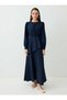 Asymmetrical Cut Balloon Sleeves Pleated Detailed Linen Hijab Dress - Navy Blue - - 2