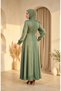 Satin Fabric Hijab Evening Dress with Brooch on the Waist 5811-03 Green - 5