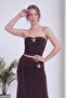 Women's Strapless Crop and Draped Detailed Skirt Two-Piece Set in Brown with Gold Accessories - 4