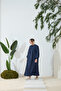 Dark Blue Collarless Dress with Tie Detail