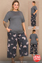 Large Size Women's Viscose Pajama Set Anthracite Floral Patterned Short Sleeve Crew Neck Pajama Set 10739