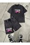 Unisex Anthracite Washed Printed Shorts Set Oversize Comfortable Fit Street Style - 2