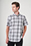 Gray Buttoned Collar Short Sleeve Pocketed Comfort Fit 100% Cotton Shirt 1004260230