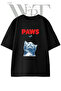 Cat Mouse Jaws Design Printed Unisex Black Oversize T-Shirt
