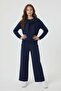 Navy Blue Stone Detailed Scarf and Wide-Legged Trousers Girls' Set 24706 - 5