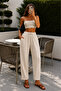 Women's Beige Linen Fabric High Waist Folded-Cuff Casual Pants (No Show)