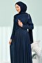 Navy Blue Evening Dress with Gathered Collar and Stones on the Front - 4
