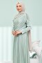 Mint Green Evening Dress with Gathered Collar and Stones on the Front - 2