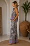 Women's Anthracite Ethnic Patterned Top and Bottom Set with Rose Appliqué Pants and Blouse 50% Linen 50% Cotton - 2