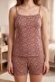 Women's Beige Leopard Floral Patterned Strappy Shorts Pajama Set - Cotton Comfortable Sleepwear - 2