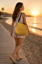 Women's Yellow Pearl Detailed Straw Shoulder Bag Large Size Zippered Daily Summer Beach Bag - 8