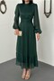Women's Emerald Court Collar Buttoned Waist Gathered Balloon Sleeve Lined Midi Dress - 4
