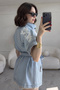Embroidered Front with Belt Long Light Blue Denim Vest - 7