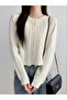 Women's Pleated Basic Soft Textured Ecru Knitwear Cardigan - 3