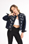 Women's Designer Denim Jacket with Hand Embroidery Detail, Lined, Dark Blue, Oversized Fit, Bomber Coat - 8