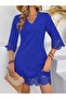 Women's Short Sleeve V-Neck Laser Cut Floral Patterned Short Imported Crepe Dress - 3