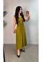 Women's Short Sleeve Padded Front Buckle Side Slit Long Imported Crepe Dress - 3