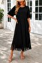 Women's Short Sleeve Crew Neck Tassel Zigzag Patterned Midi Viscose Dress - 2