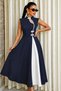 Women's Navy Blue Sleeveless High Neck Collar Dress with Drop Detail and Buttoned Long Janjan Crepe Dress - 3