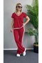 Women's Short Sleeve V-Neck Viscose Two Thread Blouse and Trousers Two-Piece Set - 2
