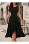 Women's round neck ruffle front asymmetrical detail midi janjan crepe dress