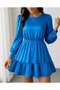 Women's Long Sleeve Crew Neck Ruffled Imported Crepe Dress with Elastic Waist - 3