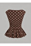 Brown Women's Polka Dot Boat Neck Ruffle Hem Blouse - 2