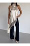 Women's Cream Halter Neck Lace Embroidered Asymmetrical Satin Blouse Hzl26S-Fry123901 - 5