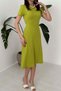 Women's Green Ribbed Crew Neck Short Sleeve Midi Knitwear Dress - 5