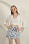 Women's Cobalt Blue Floral Patterned Burumcuk Textured Elastic Waist Ruffled Mini Shorts Skirt - 4
