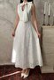 Women's Ecru Embroidered Halter Neck Belted Buttoned Midi A-Line Dress - 4
