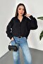 Women's Black Shirt with Collar Texture, Oversize Long Sleeve Buttoned Embroidered Shirt