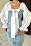 Women's Blue Denim Mini Dress Square Neck Bow Balloon Sleeve Buttoned - 4