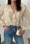 Women's Beige Ruffled Tie Detailed V-Neck Balloon Sleeve Woven Blouse - 4