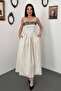 Women's Ecru Polka Dot Lace Thin Strap Square Neck Pocketed Flared Maxi Dress