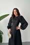 Women's Black Long Dress Embossed Textured Lace Hem Belted Balloon Sleeves - 3