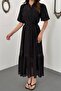Women's Black Transparent Lined Belted Buttoned Balloon Sleeve Maxi Dress - 4