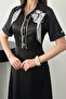 Women's Black Scarf Collar Satin Midi Dress with Asymmetrical Hem - 4