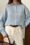 Women's Baby Blue Shirt with Collar Texture, Oversize Long Sleeve Buttoned Embroidered Shirt - 4