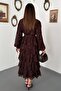 Women's Brown Long Dress with High Collar, Buttoned Belt, Flounces and Floral Texture - 5
